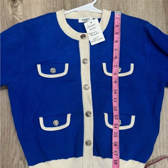 Sandro Royal Blue and Cream Cardigan Marcie Sweater *faint stain - Picture 4 of 7